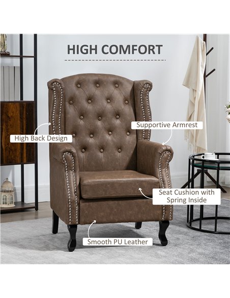 HOMCOM Wingback Accent Chair Tufted Chesterfield-style Armchair with Nail Head Trim for Living Room Bedroom Brown