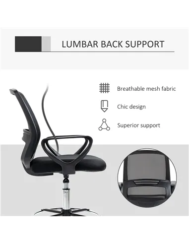 Vinsetto Ergonomic Mesh Back Draughtsman Chair, Tall Standing Desk Chair with Adjustable Height and Footrest 360° Swivel, Black