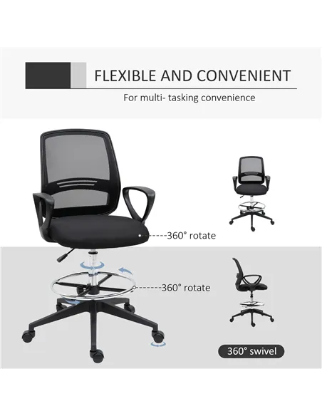 Vinsetto Ergonomic Mesh Back Draughtsman Chair, Tall Standing Desk Chair with Adjustable Height and Footrest 360° Swivel, Black