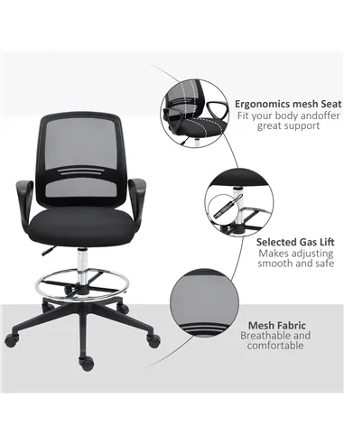 Vinsetto Ergonomic Mesh Back Draughtsman Chair, Tall Standing Desk Chair with Adjustable Height and Footrest 360° Swivel, Black