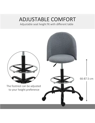 Vinsetto Ergonomic Drafting chair Adjustable Height w/ 5 Wheels Padded Seat Footrest 360° Swivel Freely Comfortable Versatile Us