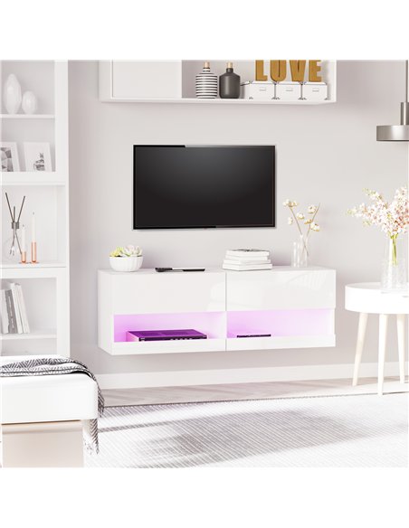 HOMCOM High Gloss TV Stand Cabinet with LED Lights, Wall Mount Media Unit for TVs up to 42 Inch for Living Room Bedroom