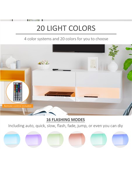 HOMCOM High Gloss TV Stand Cabinet with LED Lights, Wall Mount Media Unit for TVs up to 42 Inch for Living Room Bedroom