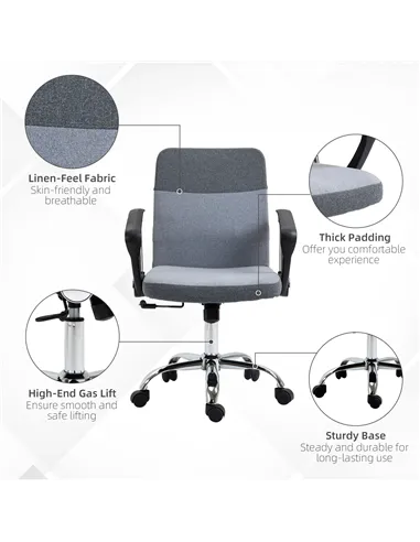 Vinsetto Office Chair Linen Fabric Swivel Computer Desk Chair Home Study Adjustable Chair with Wheels, Grey