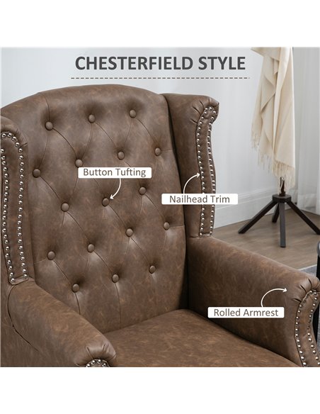 HOMCOM Wingback Accent Chair Tufted Chesterfield-style Armchair with Nail Head Trim for Living Room Bedroom Brown