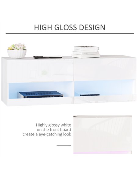 HOMCOM High Gloss TV Stand Cabinet with LED Lights, Wall Mount Media Unit for TVs up to 42 Inch for Living Room Bedroom