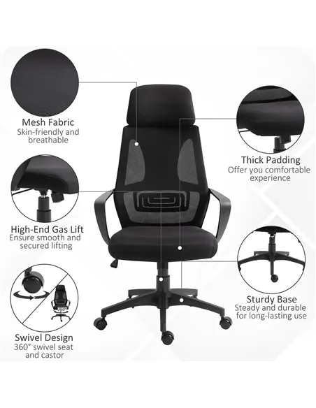 Vinsetto Ergonomic Office Chair, High Back Computer Chair, Mesh Desk Chair with Lumbar Support, Headrest, Wheel, Adjustable Heig