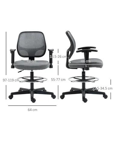 Vinsetto Drafting Chair, Fabric Office Chair, Ergonomic Painting Chair with Height Armrest Adjustable and Foot Ring, 360° Swivel