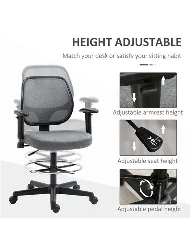 Vinsetto Drafting Chair, Fabric Office Chair, Ergonomic Painting Chair with Height Armrest Adjustable and Foot Ring, 360° Swivel