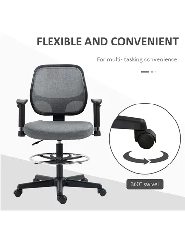 Vinsetto Drafting Chair, Fabric Office Chair, Ergonomic Painting Chair with Height Armrest Adjustable and Foot Ring, 360° Swivel