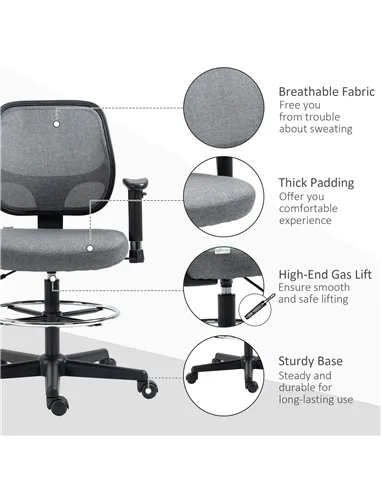 Vinsetto Drafting Chair, Fabric Office Chair, Ergonomic Painting Chair with Height Armrest Adjustable and Foot Ring, 360° Swivel