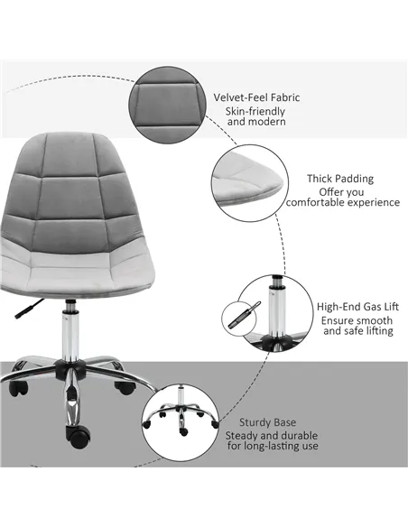 Vinsetto Ergonomic Office Chair with Adjustable Height and Wheels Velvet Executive Chair Armless for Home Study Bedroom Grey