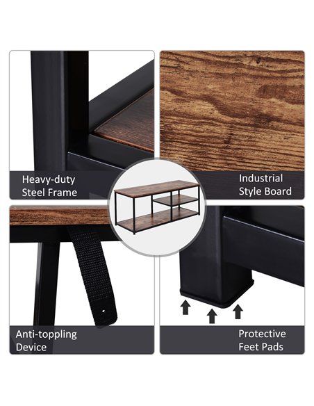 HOMCOM TV Unit for 55 inch TVs, Industrial TV Table with 2 Storage Shelves and Metal Frame, Entertainment Unit For living Room, 