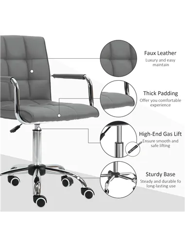 Vinsetto PU Leather Home Office Desk Chair, Computer Chair with Mid Back, Arm, Swivel Wheels, Adjustable Height, Grey