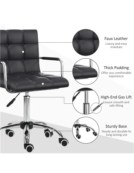 Vinsetto Office Chair, Makeup Vanity Chair, Mid Back Computer Chair, PU Leather Swivel Study Chair with Adjustable Height, Armre
