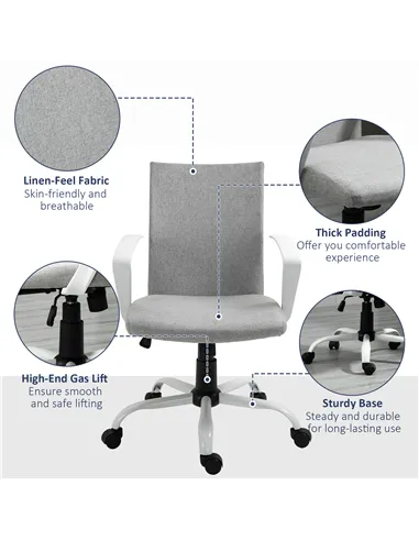 Vinsetto Office Chair Linen Swivel Computer Desk Chair Home Study Task Chair with Wheels, Arm, Adjustable Height, Light Grey