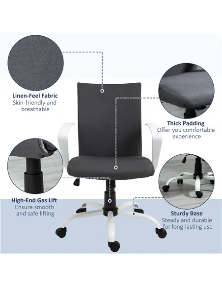 Vinsetto Office Chair Linen Swivel Computer Desk Chair Home Study Task Chair with Wheels, Arm, Adjustable Height, Dark Grey
