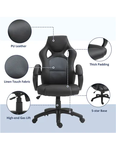 Vinsetto Office Chair Faux Leather Swivel Computer Desk Chair for Home Office with Wheels Armrests Black