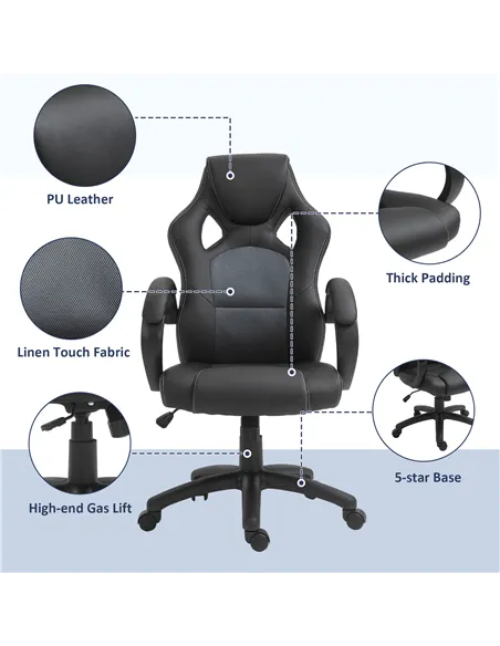 Vinsetto Office Chair Faux Leather Swivel Computer Desk Chair for Home Office with Wheels Armrests Black