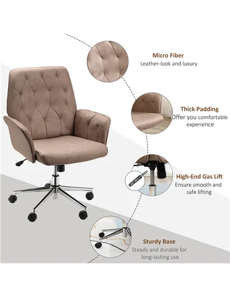 Vinsetto Office Desk Chair, Microfibre Vanity Chair with Height Adjustable, Armrest, Swivel Chair for Home, Coffee