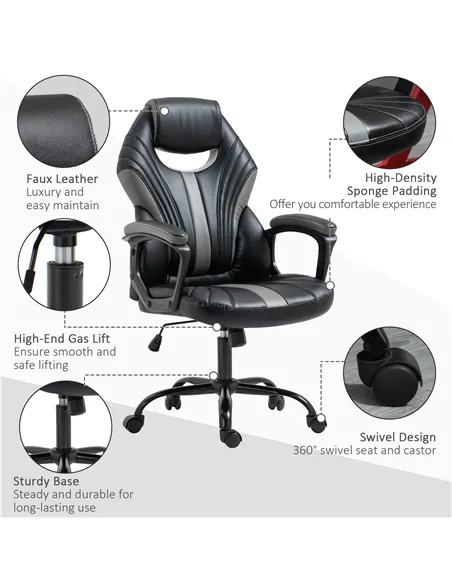 Vinsetto Computer Gaming Chair, Desk Chair with Breathable PU Leather Back and Seat, Soft Padded Armrests and Rolling Wheels for