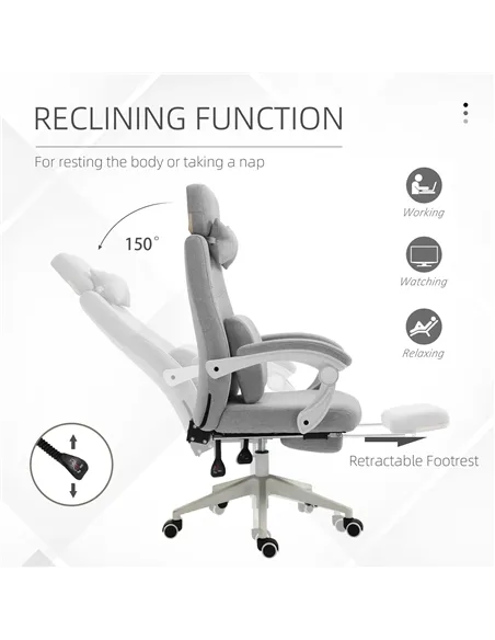 Vinsetto Office Chair, Ergonomic Desk Chair, High Back Fabric Work Chair with 160° Reclining Backrest, Retractable Footrest, Nec