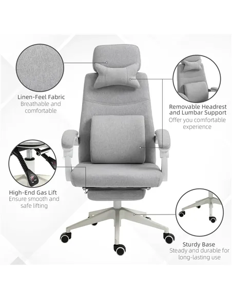 Vinsetto Office Chair, Ergonomic Desk Chair, High Back Fabric Work Chair with 160° Reclining Backrest, Retractable Footrest, Nec
