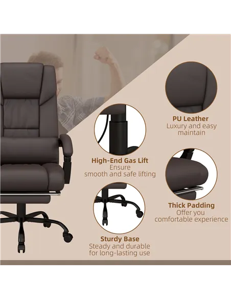 Vinsetto 6-Point Massage Office Chair, PU Leather Desk Chair with Adjustable Height and Footrest for Home Office, Brown
