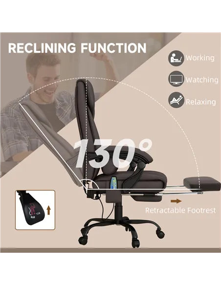 Vinsetto 6-Point Massage Office Chair, PU Leather Desk Chair with Adjustable Height and Footrest for Home Office, Brown