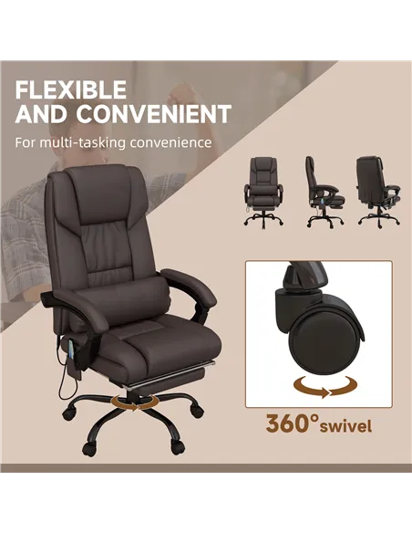 Vinsetto 6-Point Massage Office Chair, PU Leather Desk Chair with Adjustable Height and Footrest for Home Office, Brown