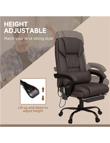 Vinsetto 6-Point Massage Office Chair, PU Leather Desk Chair with Adjustable Height and Footrest for Home Office, Brown