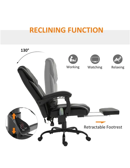 Vinsetto 6-Point Massage Office Chair, PU Leather Desk Chair with Adjustable Height and Footrest for Home Office, Black