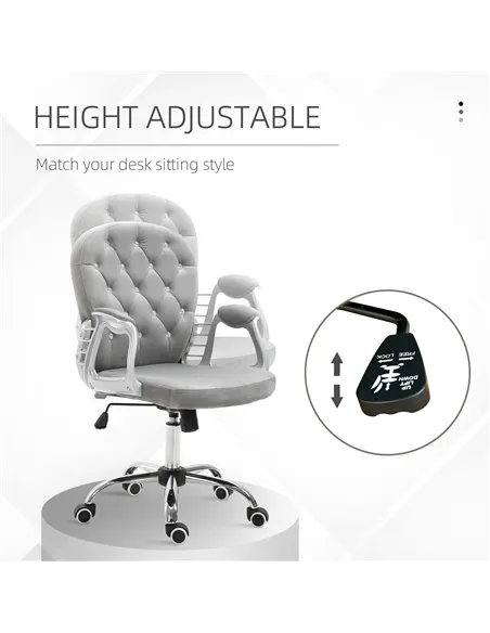 Vinsetto Office Chair, Swivel Desk Chair, Velvet Vanity Chair with Adjustable Height and Rolling Wheels for Home Work Study, Gre