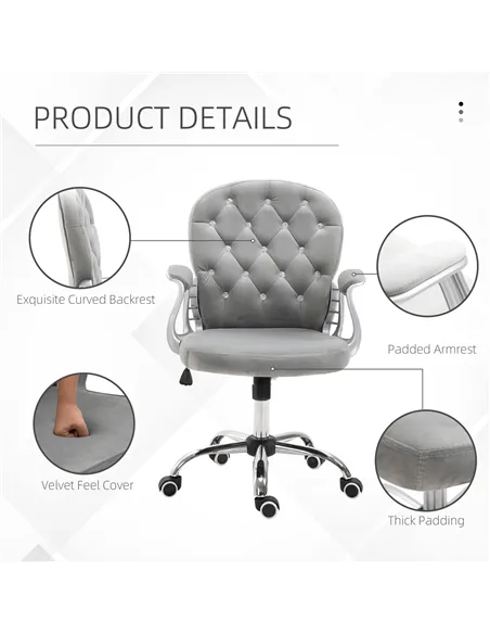 Vinsetto Office Chair, Swivel Desk Chair, Velvet Vanity Chair with Adjustable Height and Rolling Wheels for Home Work Study, Gre