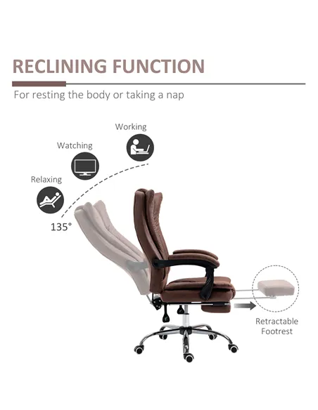 Vinsetto Home Office Chair Microfibre Desk Chair with Reclining Function Armrests Swivel Wheels Footrest Brown