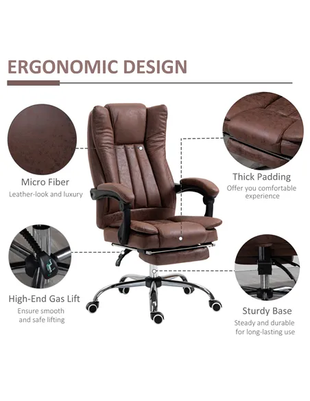 Vinsetto Home Office Chair Microfibre Desk Chair with Reclining Function Armrests Swivel Wheels Footrest Brown