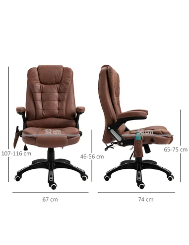 Vinsetto Massage Recliner Chair Heated Office Chair with Six Massage Points Microfiber Cloth 360° Swivel Wheels Brown