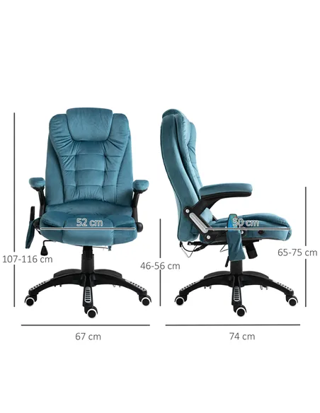 Vinsetto Massage Recliner Chair Heated Office Chair with Six Massage Points Velvet-Feel Fabric 360° Swivel Wheels Blue