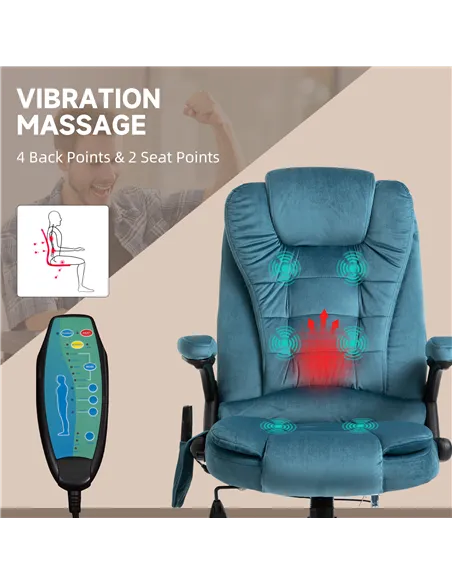Vinsetto Massage Recliner Chair Heated Office Chair with Six Massage Points Velvet-Feel Fabric 360° Swivel Wheels Blue