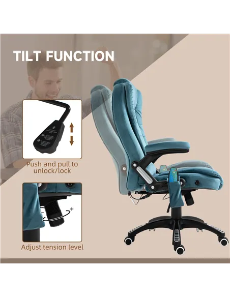 Vinsetto Massage Recliner Chair Heated Office Chair with Six Massage Points Velvet-Feel Fabric 360° Swivel Wheels Blue