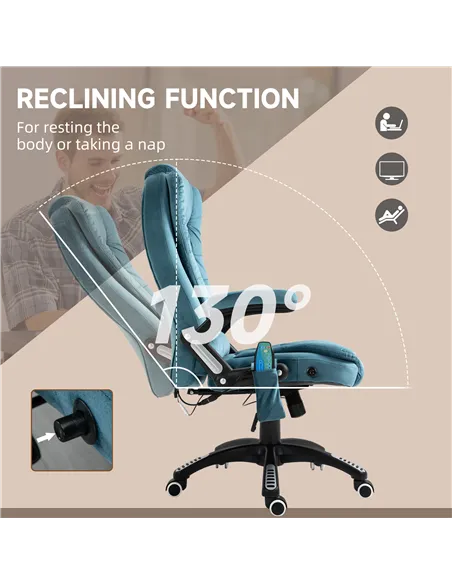 Vinsetto Massage Recliner Chair Heated Office Chair with Six Massage Points Velvet-Feel Fabric 360° Swivel Wheels Blue