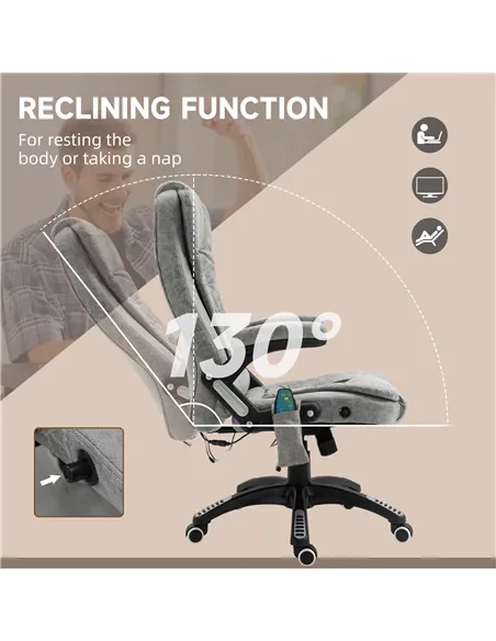 Vinsetto Massage Recliner Chair Heated Office Chair with Six Massage Points Microfiber Cloth 360° Swivel Wheels Grey