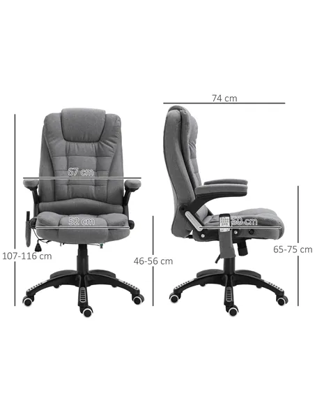 Vinsetto Massage Recliner Chair Heated Office Chair with Six Massage Points Linen-Feel Fabric 360° Swivel Wheels Grey