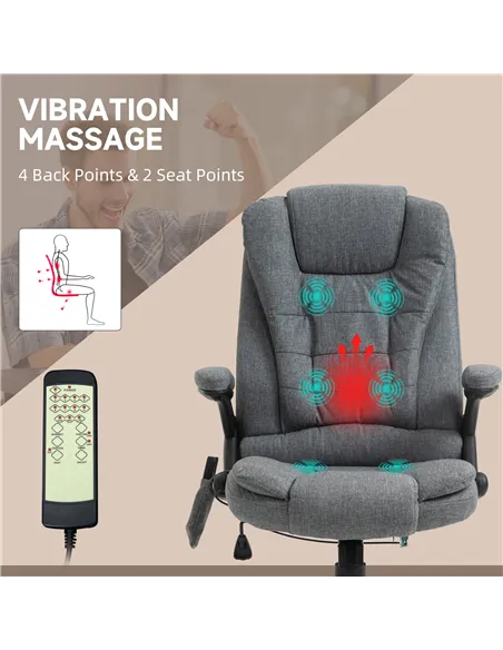 Vinsetto Massage Recliner Chair Heated Office Chair with Six Massage Points Linen-Feel Fabric 360° Swivel Wheels Grey