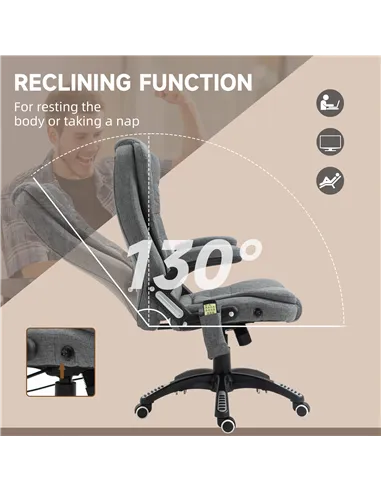 Vinsetto Massage Recliner Chair Heated Office Chair with Six Massage Points Linen-Feel Fabric 360° Swivel Wheels Grey
