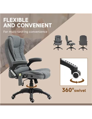 Vinsetto Massage Recliner Chair Heated Office Chair with Six Massage Points Linen-Feel Fabric 360° Swivel Wheels Grey