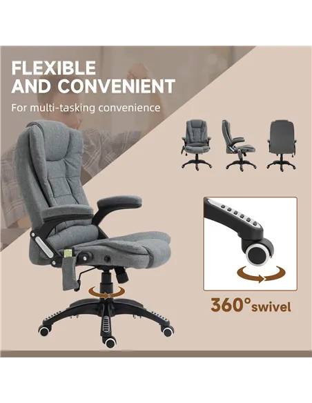 Vinsetto Massage Recliner Chair Heated Office Chair with Six Massage Points Linen-Feel Fabric 360° Swivel Wheels Grey