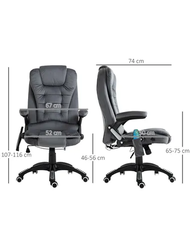 Vinsetto Massage Recliner Chair Heated Office Chair with Six Massage Points Velvet-Feel Fabric 360° Swivel Wheels Grey