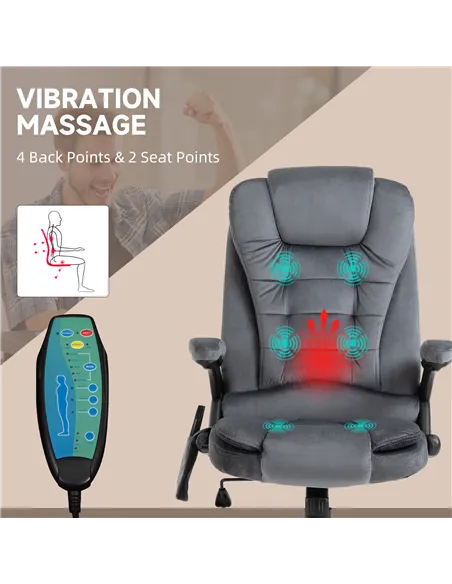 Vinsetto Massage Recliner Chair Heated Office Chair with Six Massage Points Velvet-Feel Fabric 360° Swivel Wheels Grey