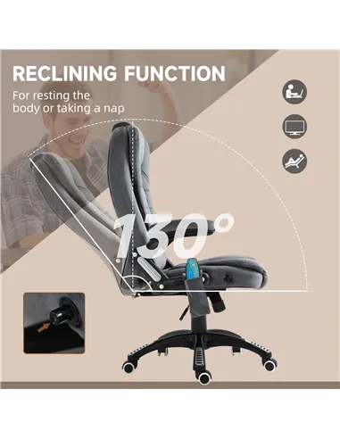 Vinsetto Massage Recliner Chair Heated Office Chair with Six Massage Points Velvet-Feel Fabric 360° Swivel Wheels Grey